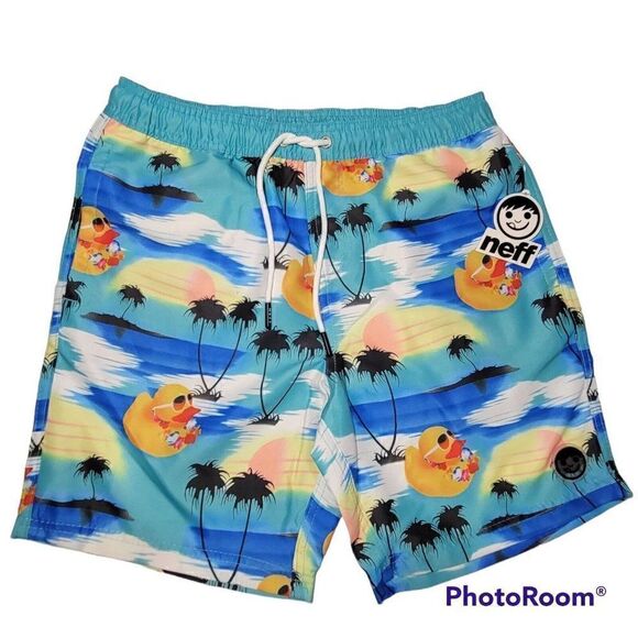 NEFF Swim Trunks Board Shorts Mens Sz Small Hawaiian Rubber Duck Beach Pool NEW - Picture 1 of 12